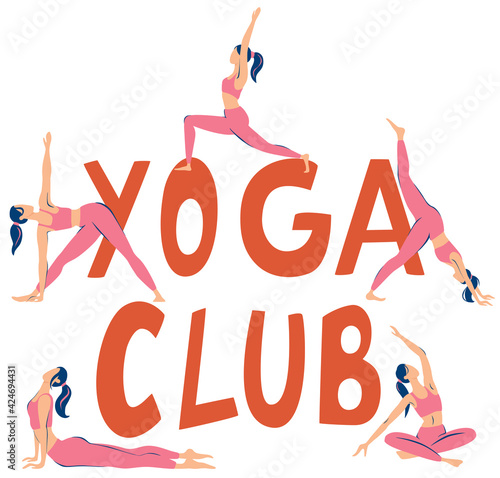 Yoga Class. Yoga poster with silhouettes of women in the yoga poses on a white background. Illustration for yoga class, yoga studio, fitness center, advertising, websites. Vector yoga illustration
