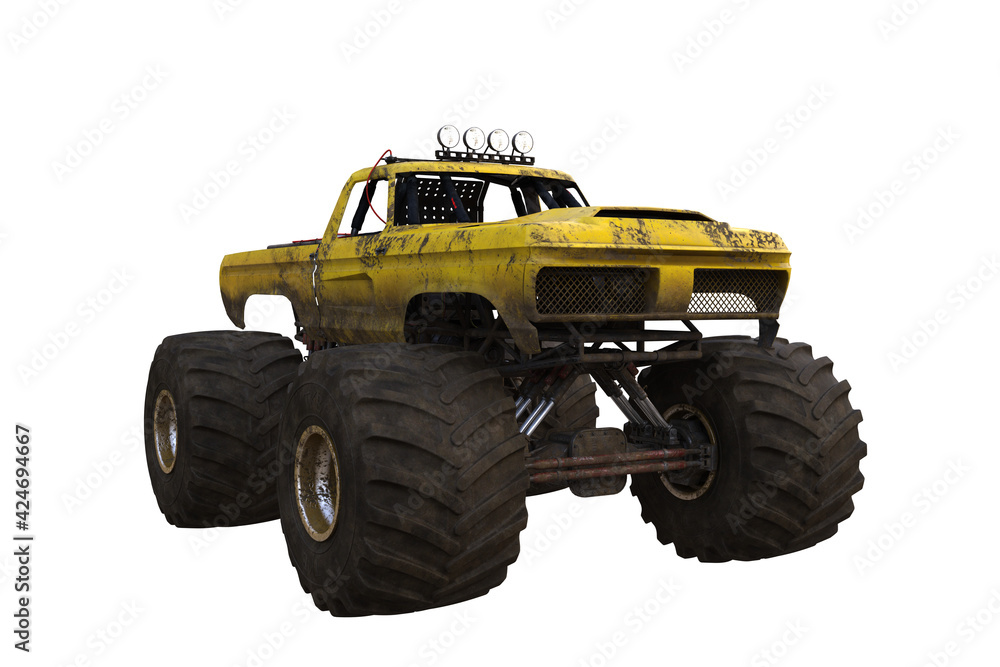 Monster truck with dirty mud splattered yellow paintwork and muddy wheels. 3D illustration isolated on a white background. Monster truck with dirty mud splattered yellow paintwork and muddy wheels. 3D illustration isolated on a white background.