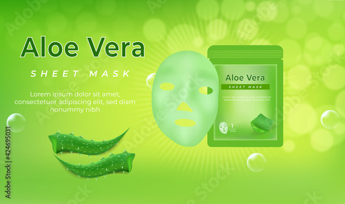 Vector 3d realistic white sheet facial cosmetic mask with aloe vera.