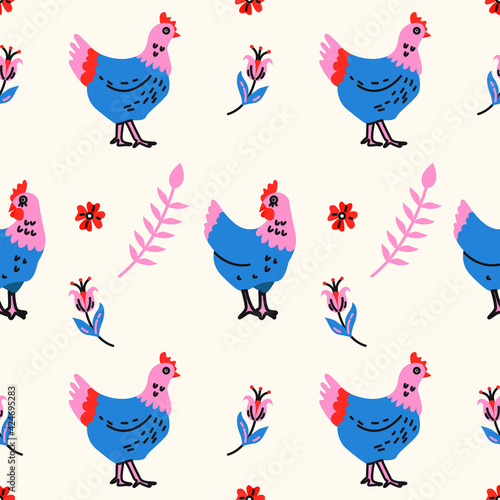 Seamless pattern with chickens and floral elements on a gentle pink background. Vector illustration. Perfect for printing on fabric or paper.