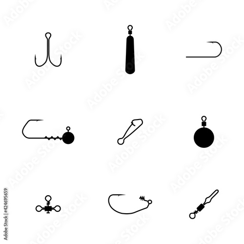 Set of different spinning fishing accessories and tackles, vector illustration.