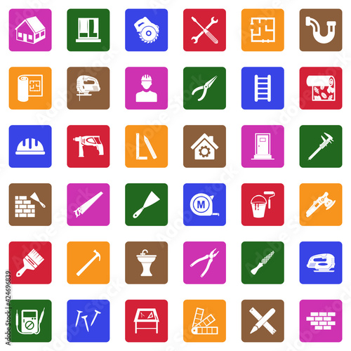 Home Repair Icons. White Flat Design In Square. Vector Illustration.