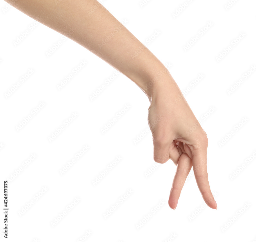 Woman imitating walk with hand on white background, closeup. Finger gesture Woman imitating walk with hand on white background, closeup. Finger gesture