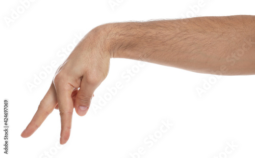 Man imitating walk with hand on white background, closeup. Finger gesture © New Africa