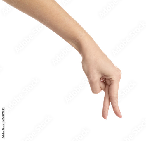 Woman imitating walk with hand on white background, closeup. Finger gesture