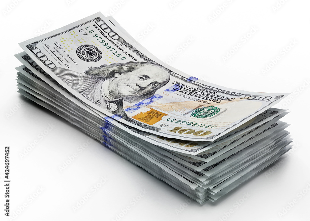 Stack of 100 dollar bills isolated on white background. 3D illustration Stack of 100 dollar bills isolated on white background. 3D illustration