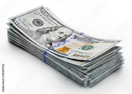 Stack of 100 dollar bills isolated on white background. 3D illustration