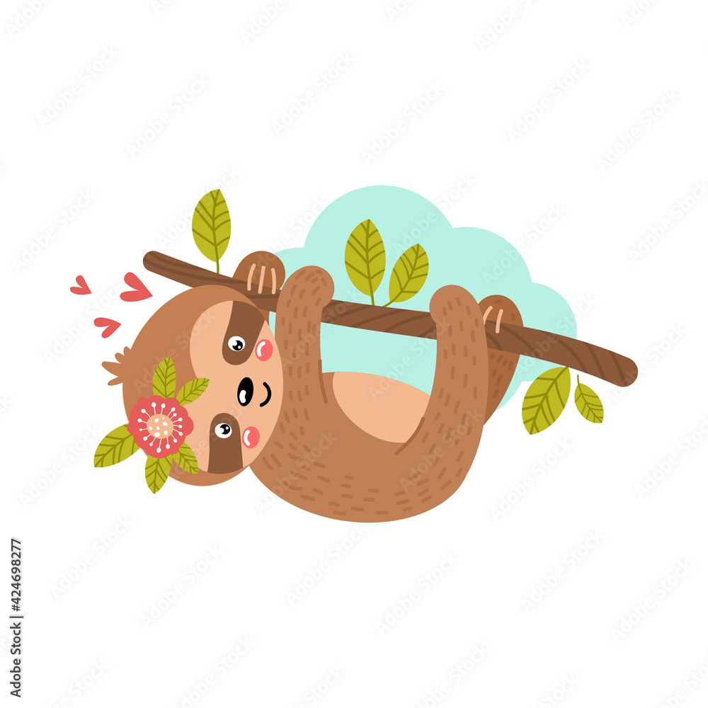 Fototapeta premium Baby sloth hanging on a branch. Vector illustration.