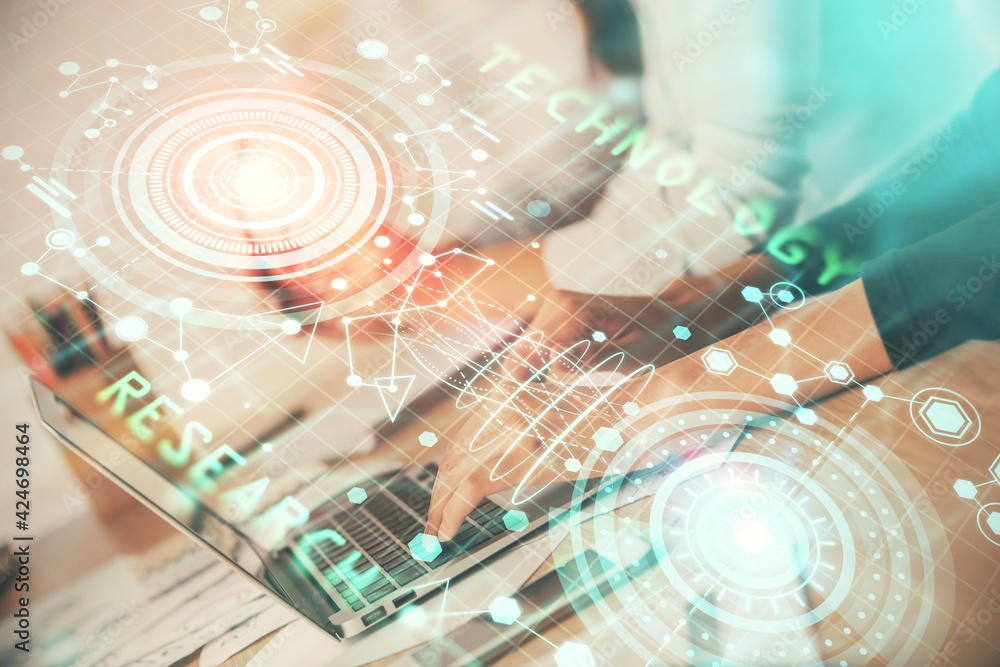 Double exposure of woman hands working on computer and data theme hologram drawing. Tech concept. Double exposure of woman hands working on computer and data theme hologram drawing. Tech concept.