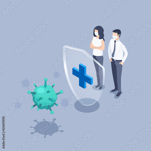 isometric vector illustration on a gray background, a woman and a man stand behind a shield with a cross and a virus trying to break through it, protection against coronavirus