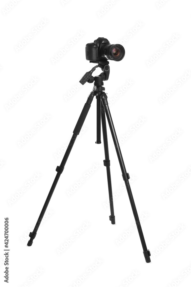 Modern tripod with professional camera isolated on white Modern tripod with professional camera isolated on white