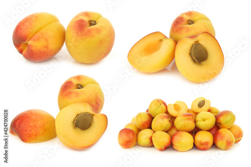 fresh colorful apricots and some cut ones on a white background