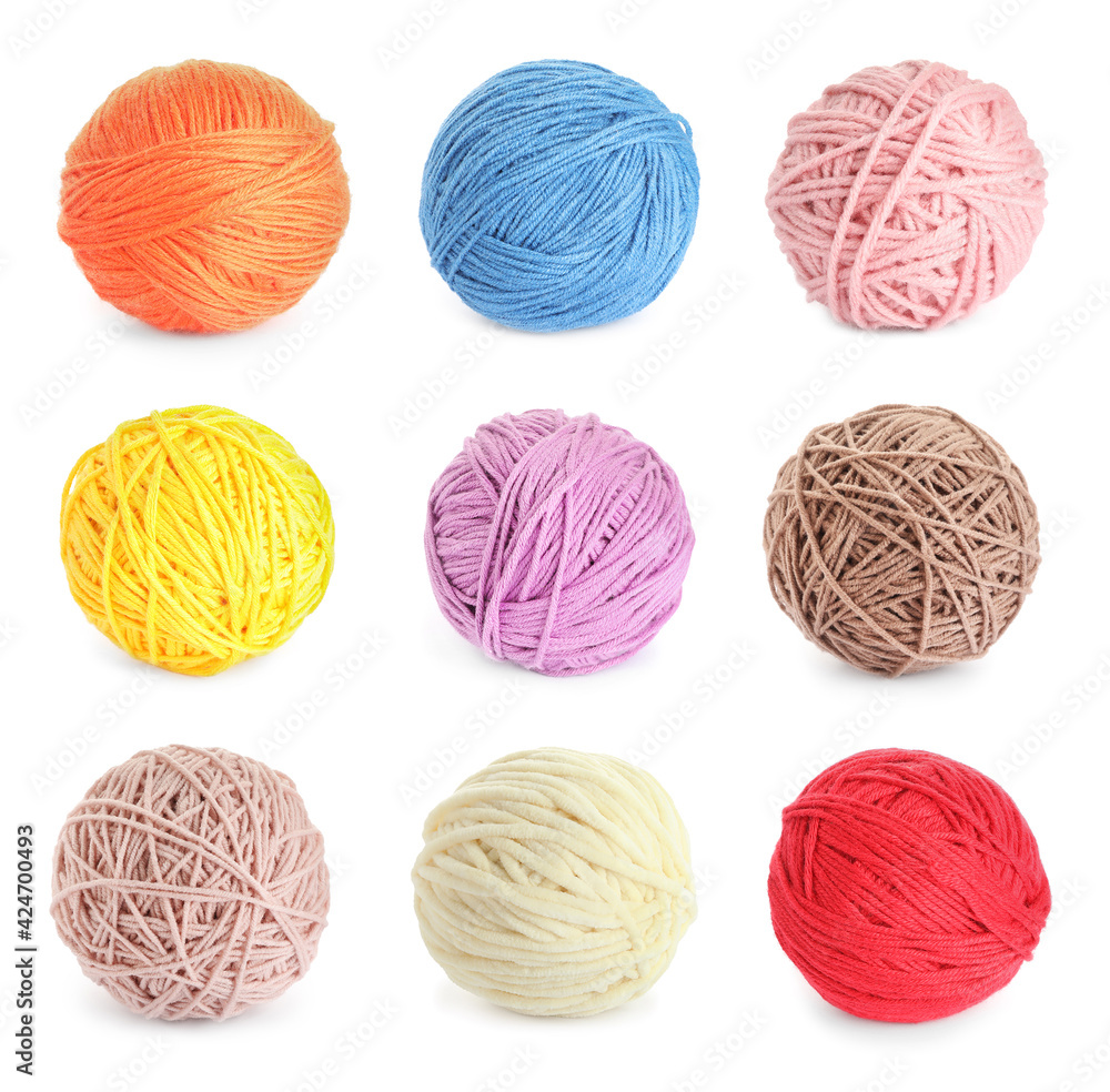 Set with different woolen yarns on white background Set with different woolen yarns on white background