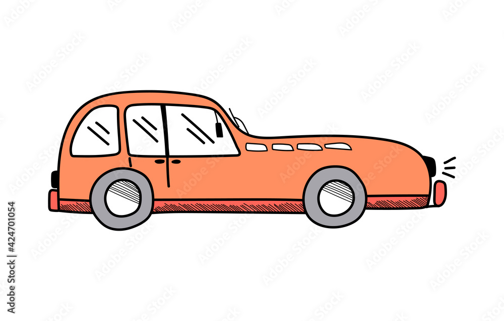 Vector cute orange car in doodle style on a white background, children's illustration. Children's car for postcards, banners, posters, gifts, pajamas