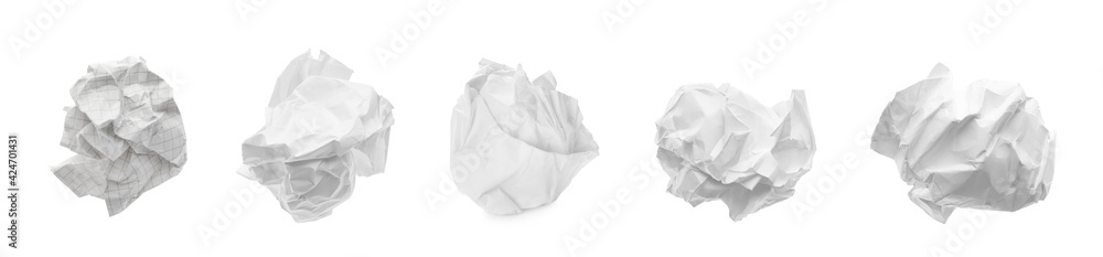 Set with crumpled sheets of paper on white background. Banner design