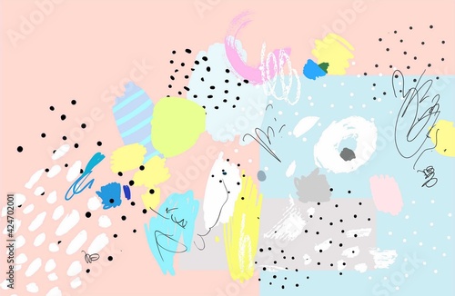 Naive art. Contemporary pattern. Brush, marker, highlight stroke. Abstract background. Vector artwork. Memphis 80s, 90s retro style. Child drawing. Pink, black, blue, green, yellow, gray, white colors
