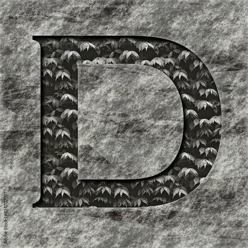 square graphic:  capital letter with the upper-case character D, a deepend relief on stone filled with plants photo