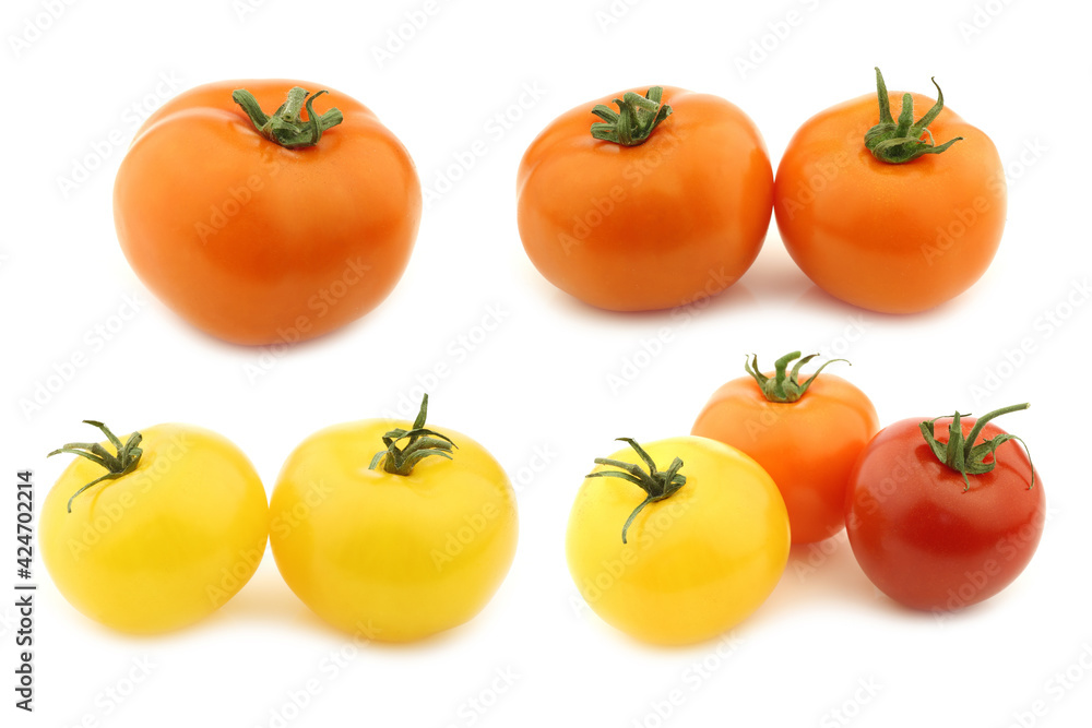 Mixed red and yellow,orange and red tomatoes on a white background Mixed red and yellow,orange and red tomatoes on a white background