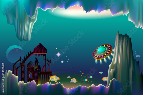 Fantasy illustration of fairyland underwater kingdom. Cover for kids fairy tale book. Background from science fiction for banner or poster.