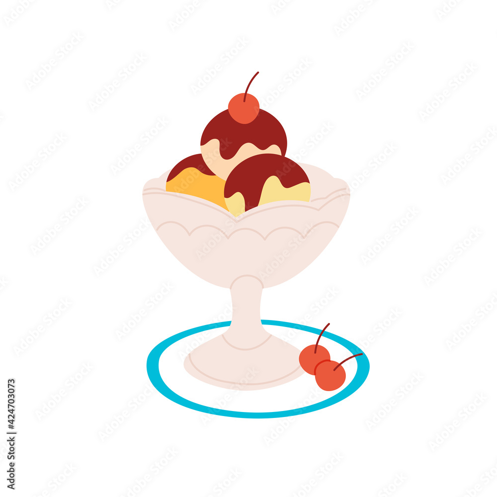 Cup of ice cream with chocolate dressing and cherries with isolated vector illustration. Sweet desert design element. Cup of ice cream with chocolate dressing and cherries with isolated vector illustration. Sweet desert design element.