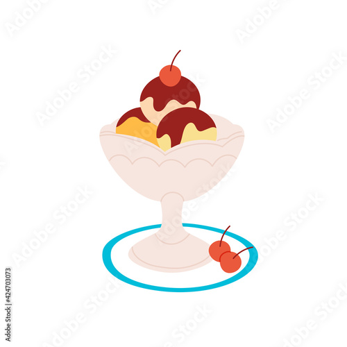 Cup of ice cream with chocolate dressing and cherries with isolated vector illustration. Sweet desert design element. 