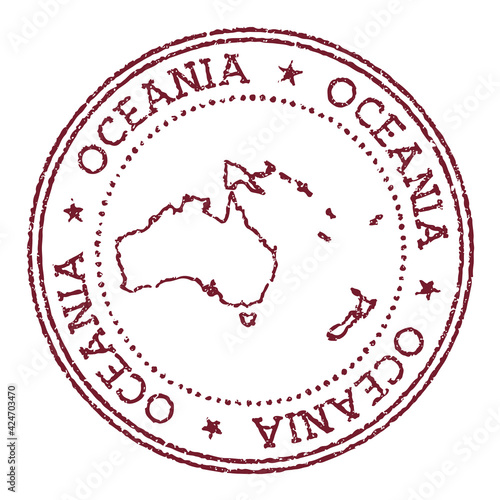 Oceania round rubber stamp with continent map. Vintage red passport stamp with circular text and stars, vector illustration.