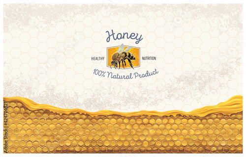 Honey combs with honey, and a symbolic simplified image of a bee as a design element on a textured background.