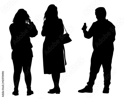 Crowds people walking on street. Isolated silhouette on a white background
