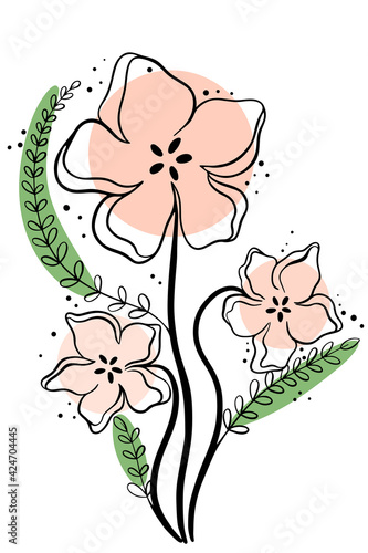 Flower line art isolated vector illustration. Flowers and twigs simple design clipart decoration. Delicate minimalist flower arrangement for design