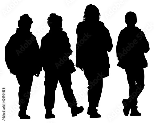 Crowds people walking on street. Isolated silhouette on a white background