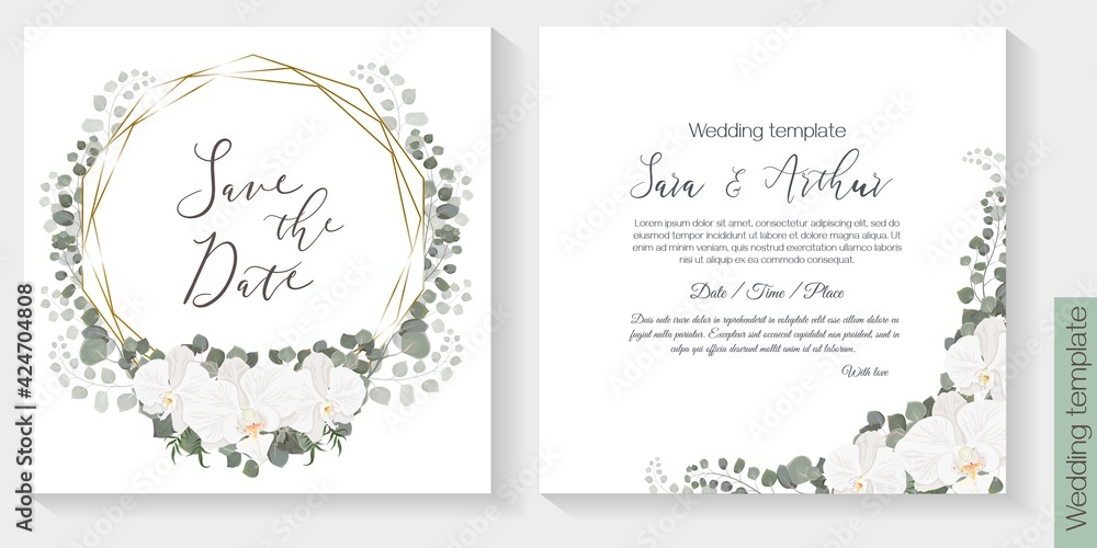 Floral design for wedding invitation. White orchids, eucalyptus, green plants and flowers. Gold polygonal frame.