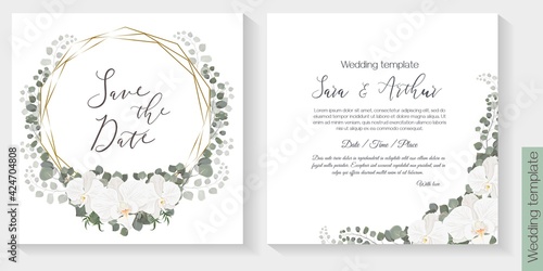 Floral design for wedding invitation. White orchids  eucalyptus  green plants and flowers. Gold polygonal frame.