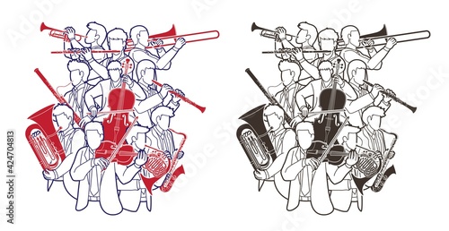 Group of Musician Orchestra Instrument Cartoon Outline Graphic Vector