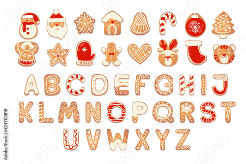 Christmas gingerbread cookies alphabet with figures. Biscuit letters, characters for xmas messages and design. Vector illustration with decorations.