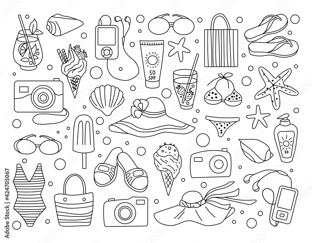 Set of hand drawn illustration of summer doodles elements. Summer sea voyage. Drawn by contour on a white background.