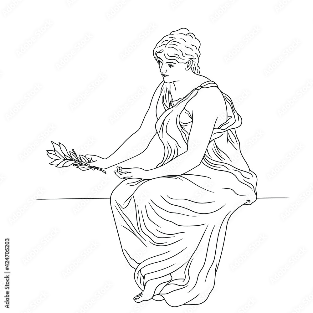A young slender woman in an ancient Greek tunic sits on a stone parapet and holds a laurel branch in her hand. Figure isolated on white background. A young slender woman in an ancient Greek tunic sits on a stone parapet and holds a laurel branch in her hand. Figure isolated on white background.