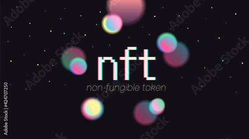 NFT non-fungible token. Vector futuristic cryptography wallpaper. Retro wave, synthwave, rave, vapor, cyber punk. Blue, black, pink purple color. Trendy vintage 80s, 90s style. Print, poster, banner