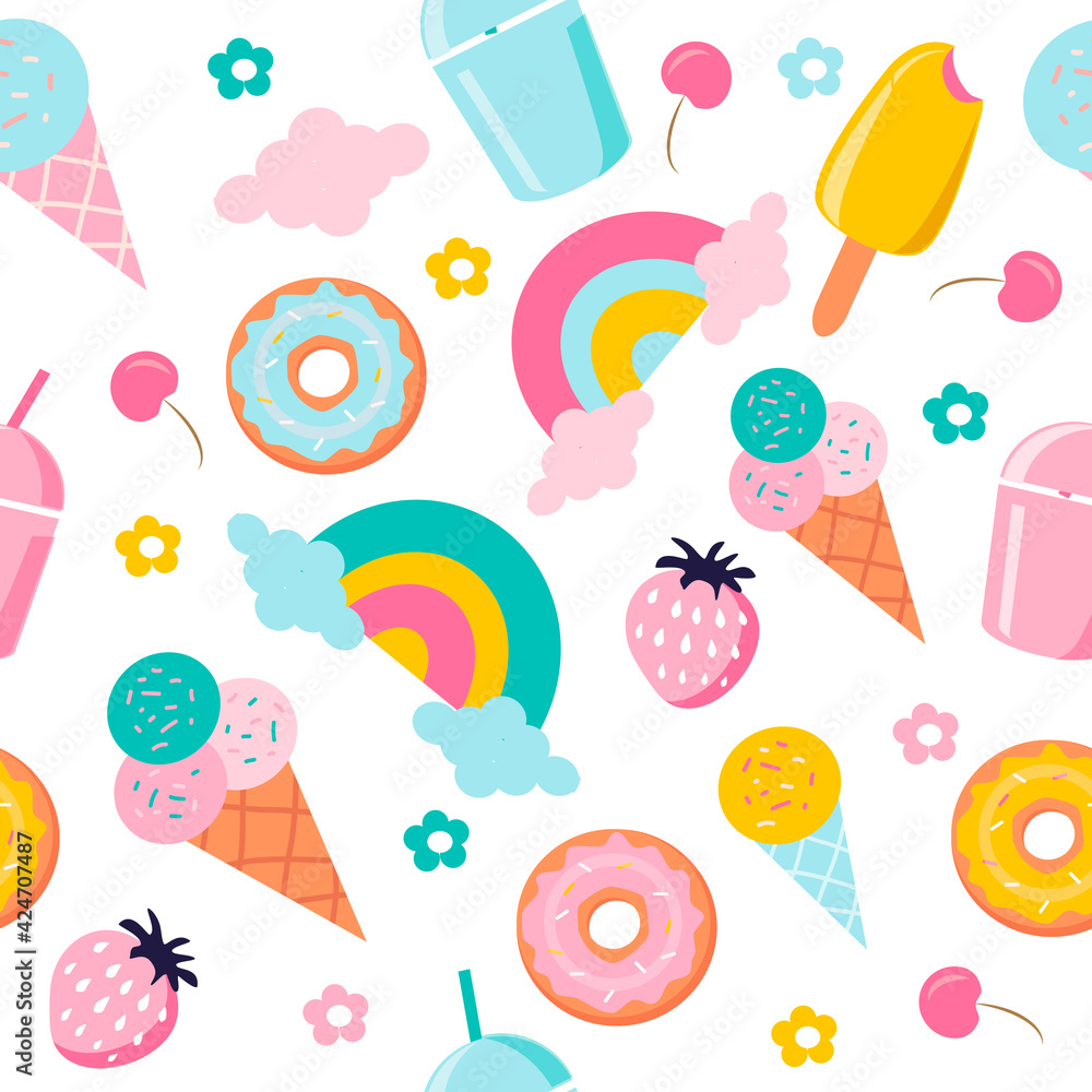 vector seamless pattern with hand drawn ice cream, rainbow, flowers, strawberries and donuts. summer background. bright trend illustration in flat style vector seamless pattern with hand drawn ice cream, rainbow, flowers, strawberries and donuts. summer background. bright trend illustration in flat style