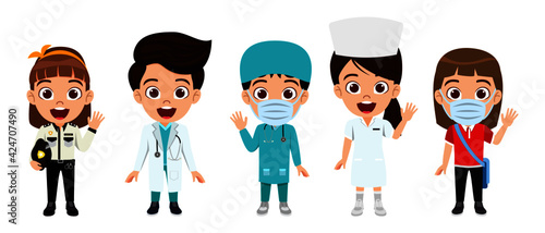 Happy cute smart kid boys and girl character wearing doctor nurse police delivery man outfit with cheerful expression emergency team