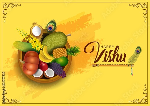 Happy Vishu greetings. April 14 Kerala festival with Vishu Kani, vishu flower Fruits and vegetables in a bronze vessel. vector illustration design photo