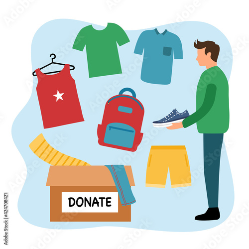 Sharing clothes to people. Clothes donation concept. Man standing with donate box of clothes and accessories in flat design vector illustration. Time for charity.	