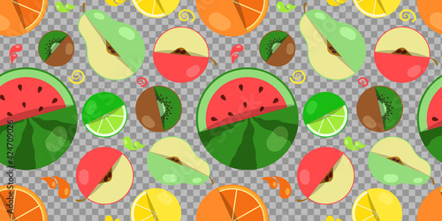 pattern of different fruits on a transparent background, Layout of fresh fruit
Natural exotic, tropical, ripe, healthy, fruits. Can be used as a packaging design with a transparent background