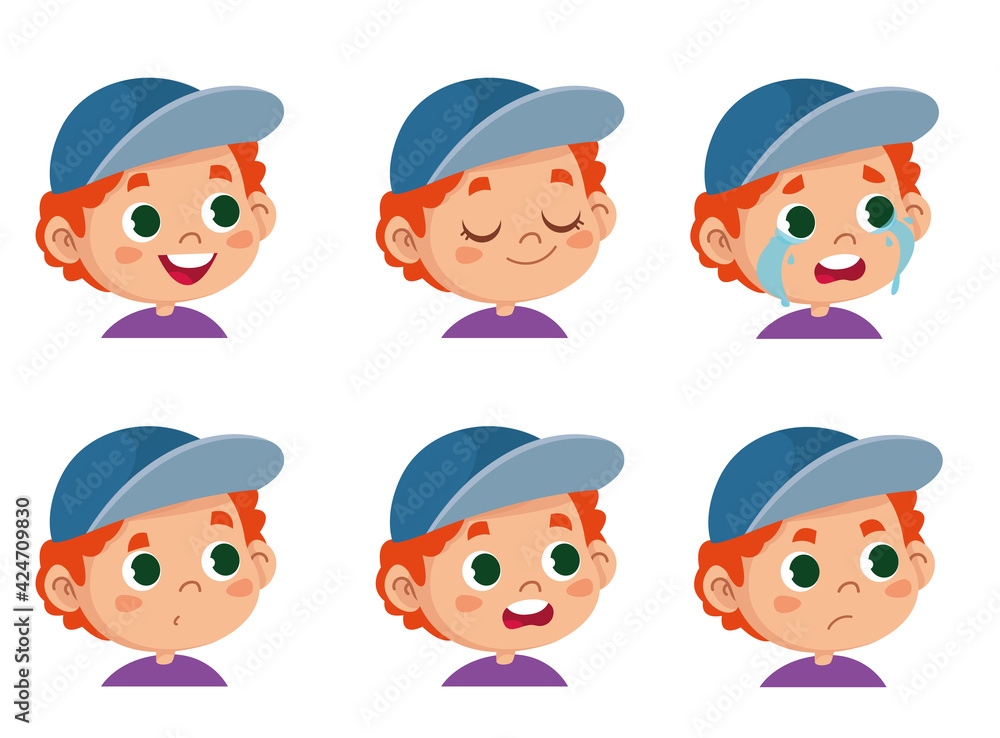 Vector character funny. Illustration of cute faces of redhead schoolboy boy showing different emotions. Avatar isolated on white background Vector character funny. Illustration of cute faces of redhead schoolboy boy showing different emotions. Avatar isolated on white background