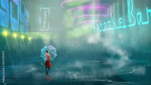 Digital painting of Young woman standing in a street with big neon signs of a futuristic Cyberpunk City © patila