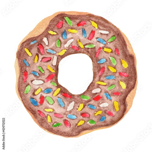 Watercolor illustration of a doughnut with chocolate glaze and colorful sprinkles