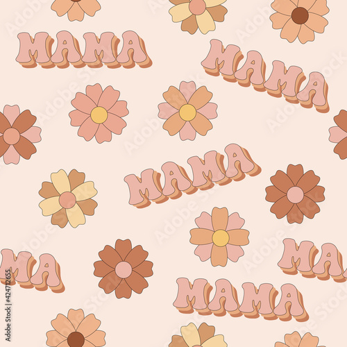 Hippie mama seamless pattern. Groovy vector background. Mother's Day pattern. Print for clothes, textiles, wrapping paper, web.