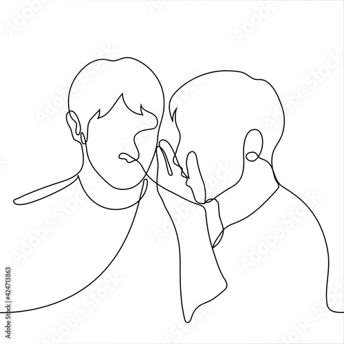 men whispering without masks - one line drawing. gossip concept