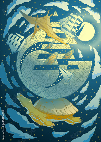 Mythological universe with the Earth, the Ocean, night sky with stars, the Sun, ships, turtle and pterodactyl