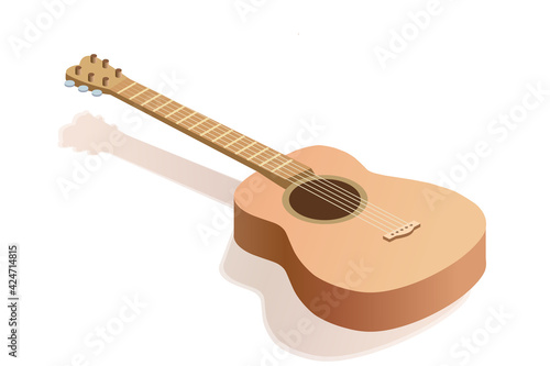 Isometric guitar illustration. Isometric acoustic guitar 3D rendering. Classic musical instrument renderind isolater on white background with shadow.