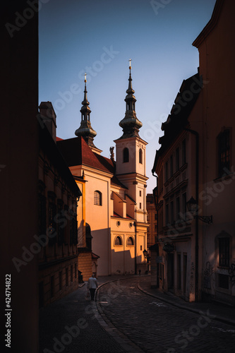 Church of St Michael Archangel in Brno. Sunrise on old town in Brno. 